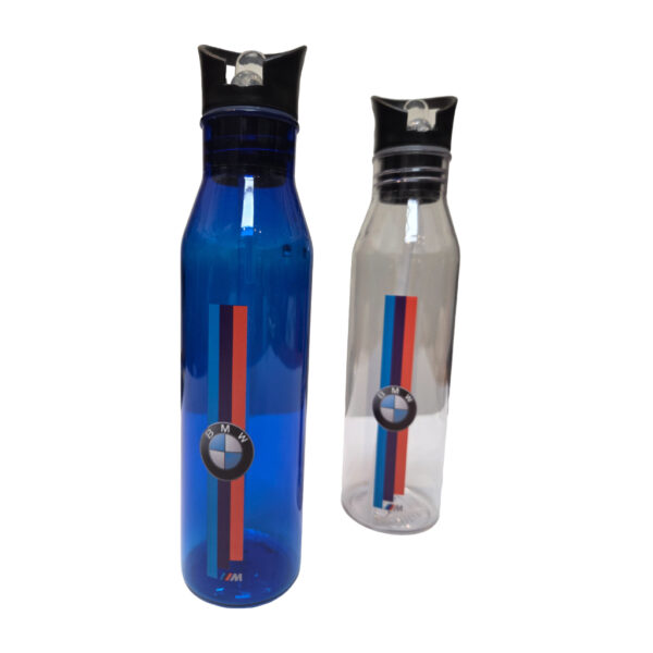 blue and clear water bottles with BMW logo
