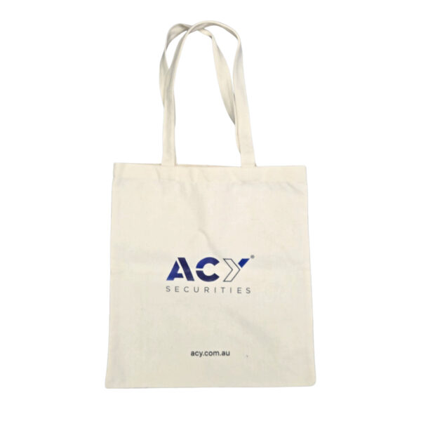 White custom tote bag with ACY SECURITIES and acy.com.au print