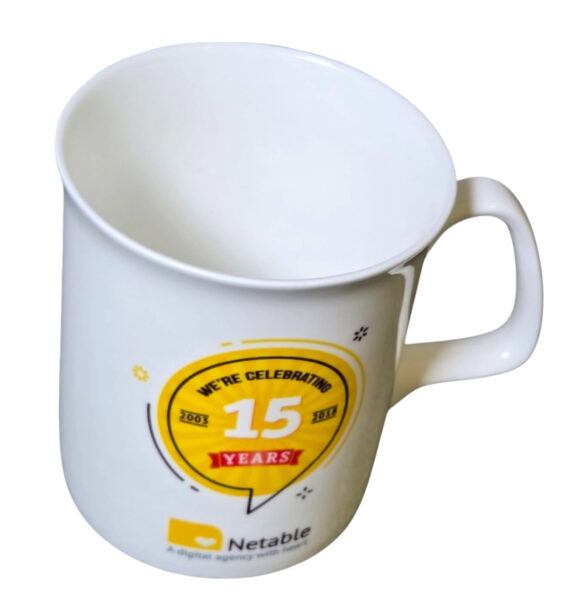 White mug featuring 15 years celebration print