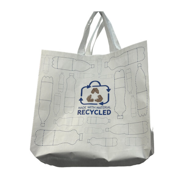 White tote bag with dotted bottle outlines, made from recycled material