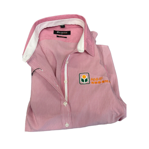 Pink striped button-up shirt with logo