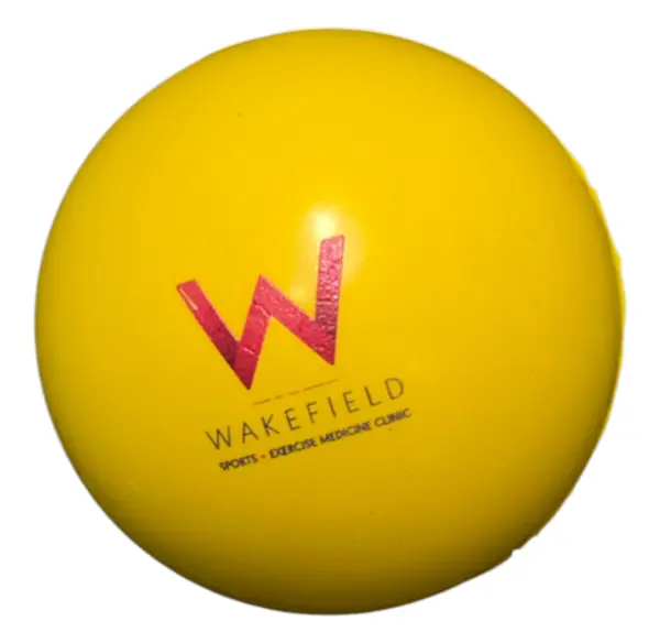 Yellow stress ball with logo printed in red