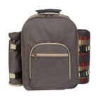 Gray picnic backpack with a front pocket, blanket, and bottle holder strapped to the sides.