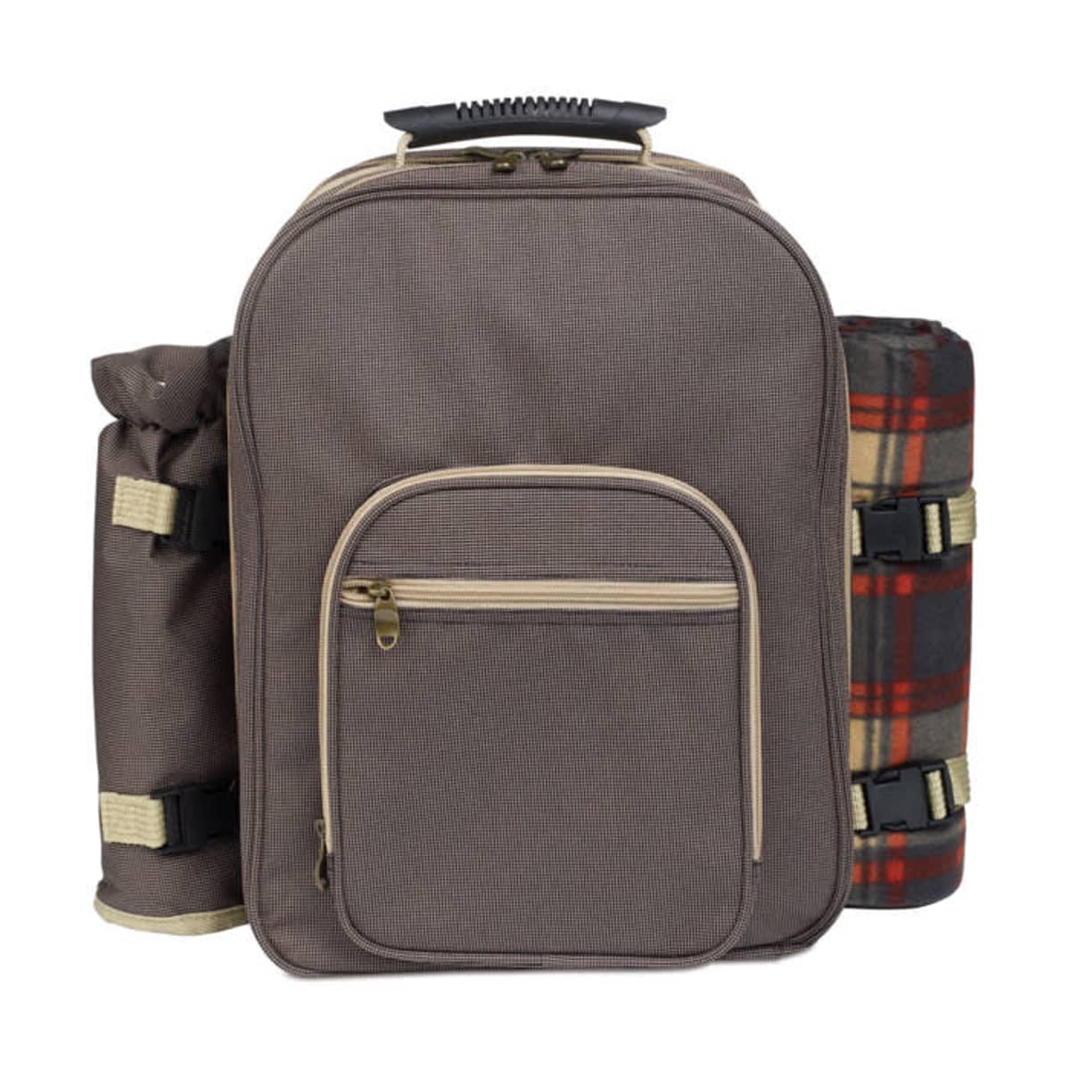 Gray picnic backpack with a front pocket, blanket, and bottle holder strapped to the sides.