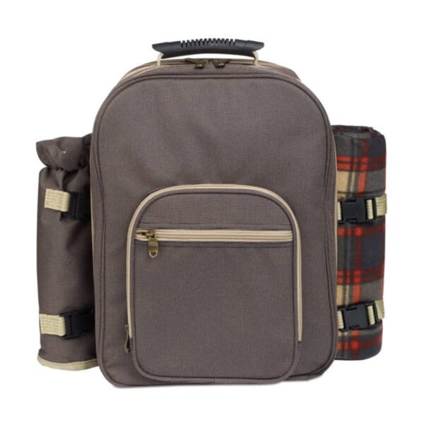 A picnic backpack with a rolled blanket and a bottle holder attached on each side.