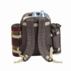 A brown backpack with water bottles, a rolled blanket, and a rolled bag attached.