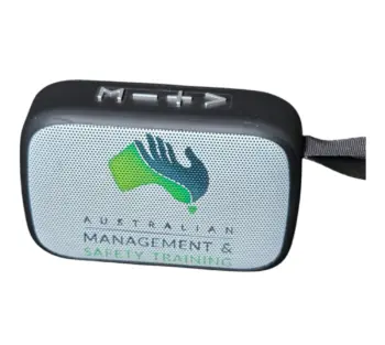 Small portable speaker with the logo Australian Management & Safety Training on the front.