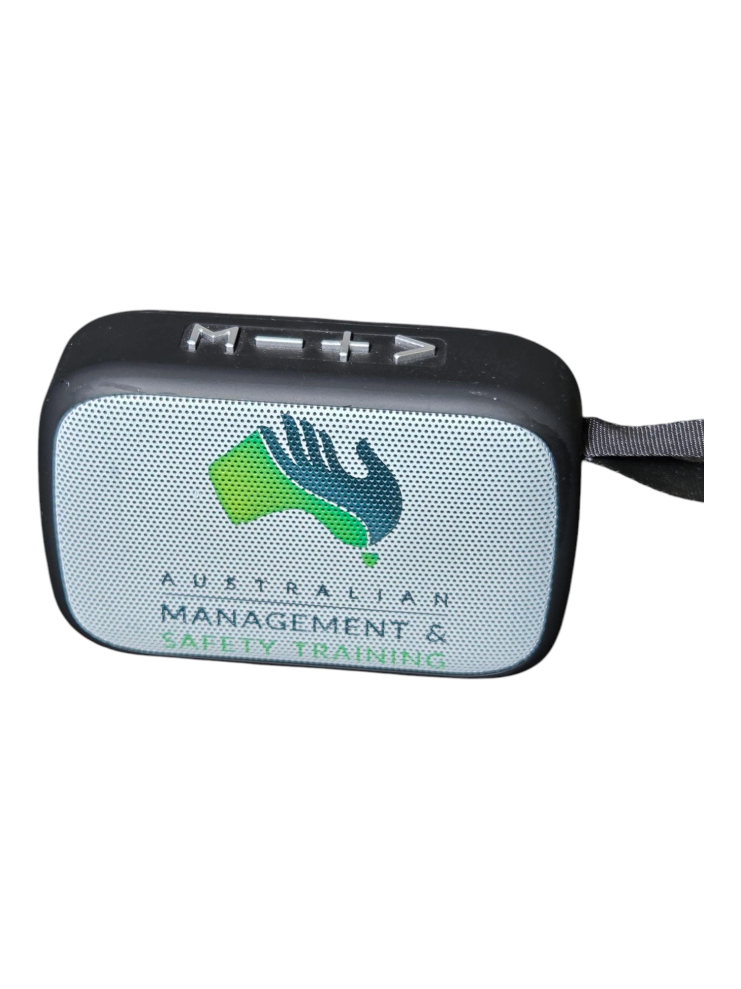 Small portable speaker with the logo Australian Management & Safety Training on the front.