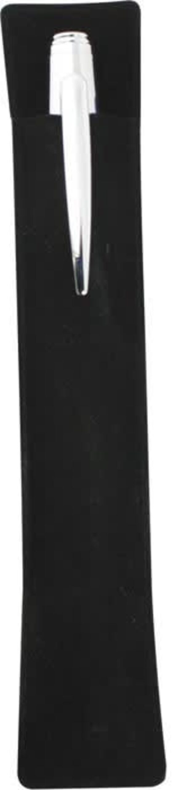 Silver pen in a black velvet sleeve, viewed from the front.