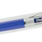 Blue and silver Dulux pen in a clear plastic cylindrical case.