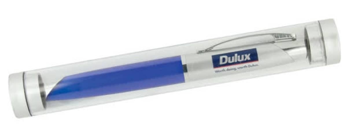 Blue and silver Dulux pen in a clear plastic cylindrical case.