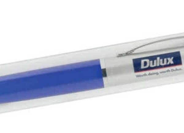 A blue and silver Dulux pen in a transparent cylindrical case.