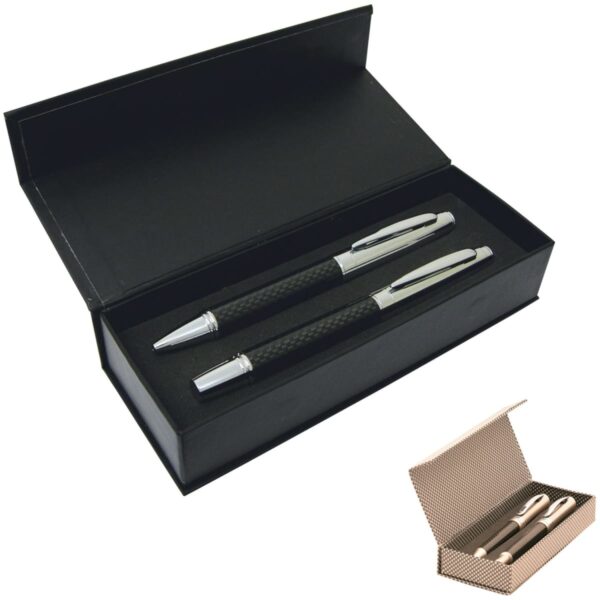 Two pens in a black gift box, with a smaller inset image of another pen set in a brown box.