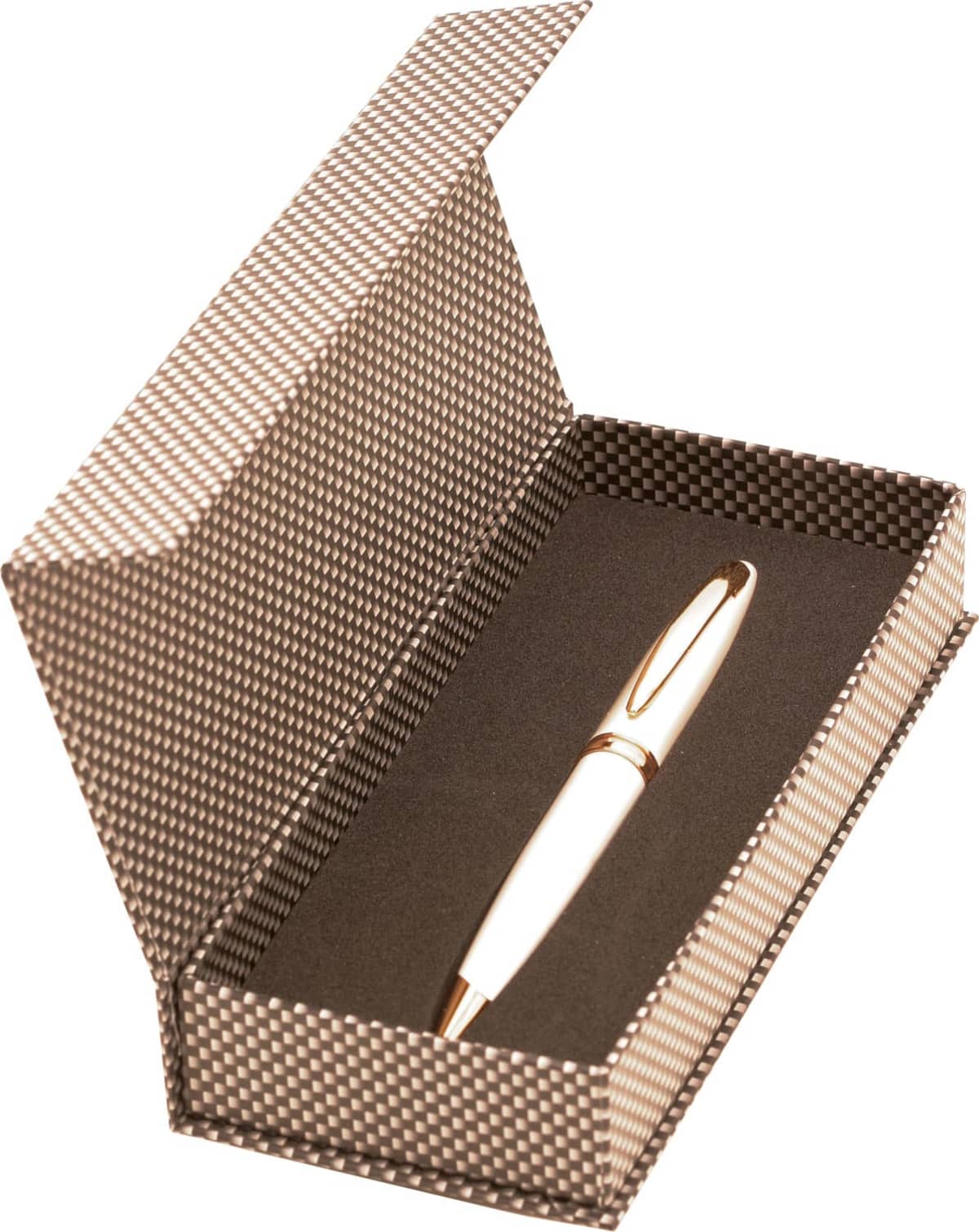 A white and gold pen in a checkered gift box with the lid open.