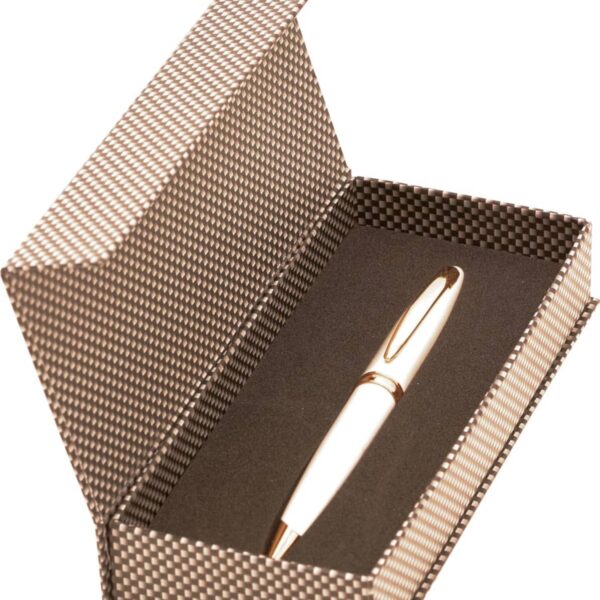 A white and gold pen in an open checkered gift box with black foam lining.