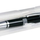 A black and silver pen in a translucent plastic case.
