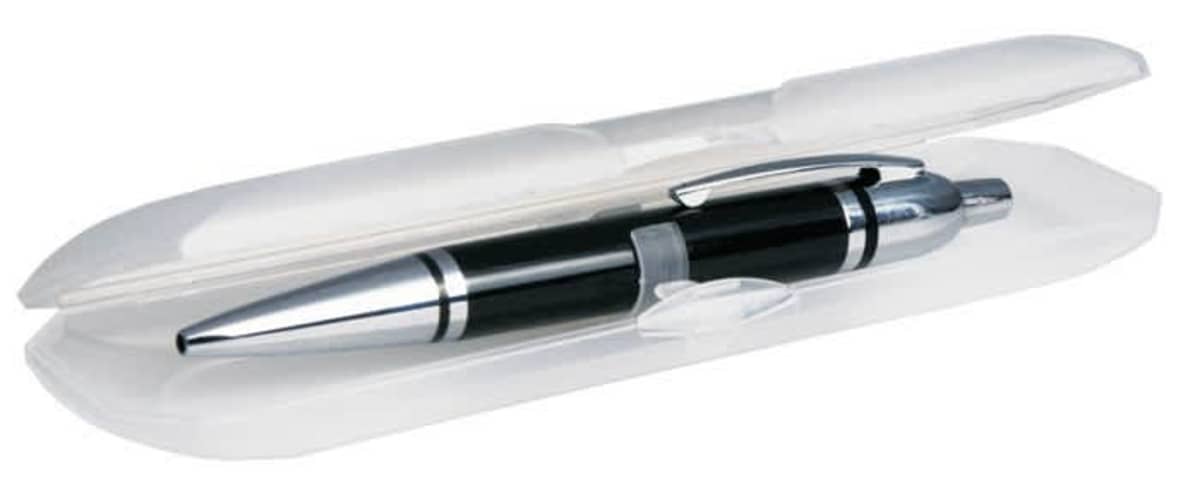 A black and silver pen in a translucent plastic case.
