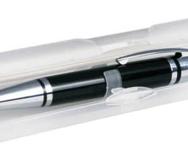 A black and silver pen in a transparent plastic case.