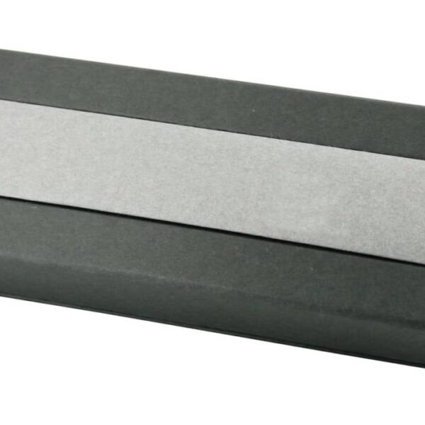 A rectangular gift box wrapped in black and gray paper.