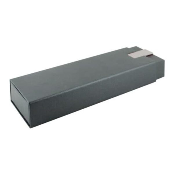A closed, rectangular black gift box with a small silver tab on one end.