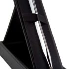 Silver pen displayed in a black gift box with a stand.