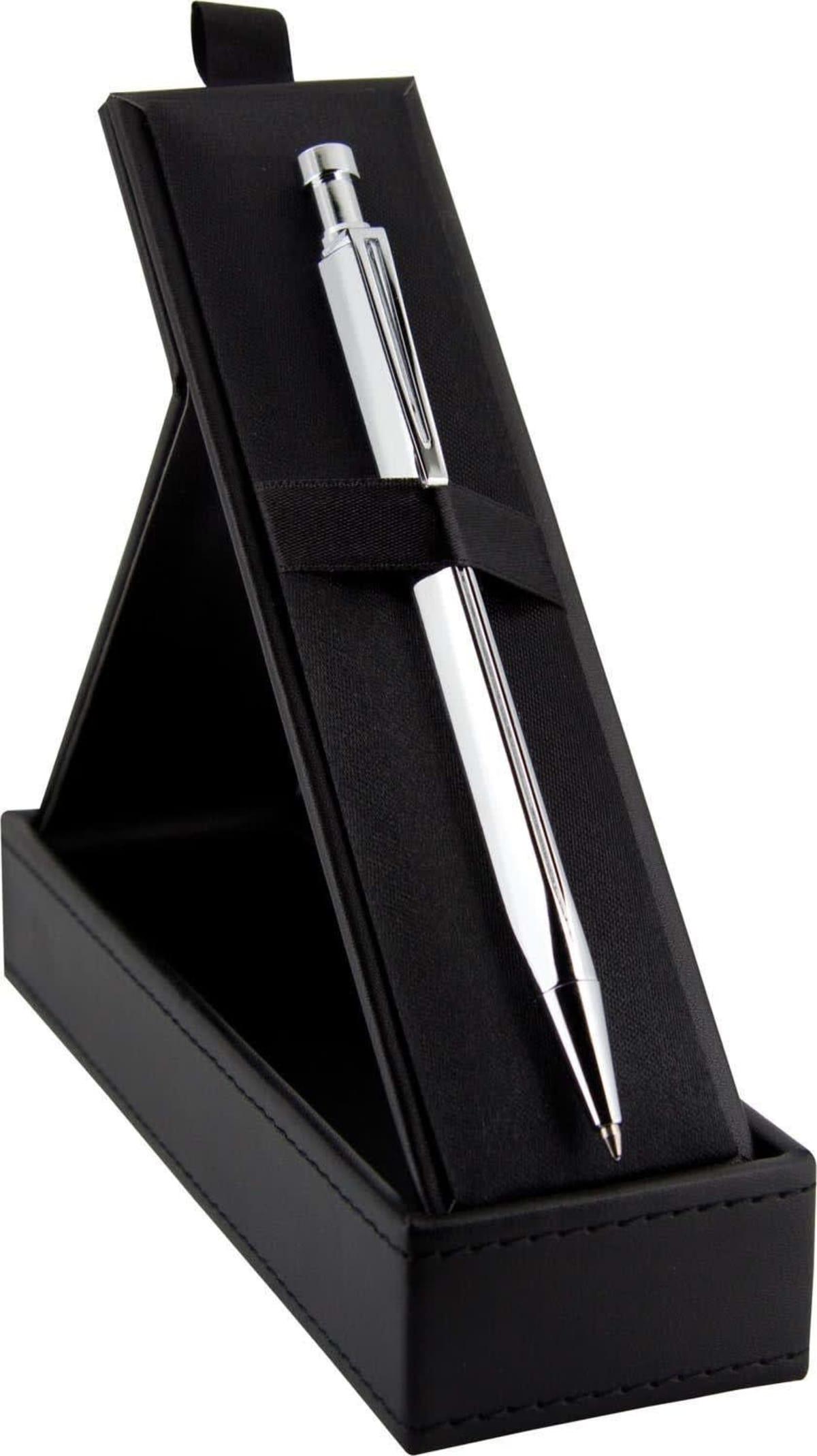 Silver pen displayed in a black gift box with a stand.
