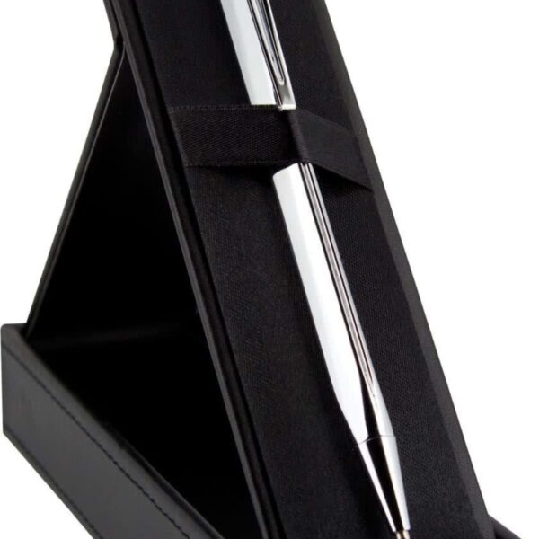 A silver pen displayed in a black gift box with a stand.
