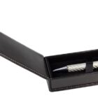 Silver pen in a black gift box with the lid open, shown on a white background.