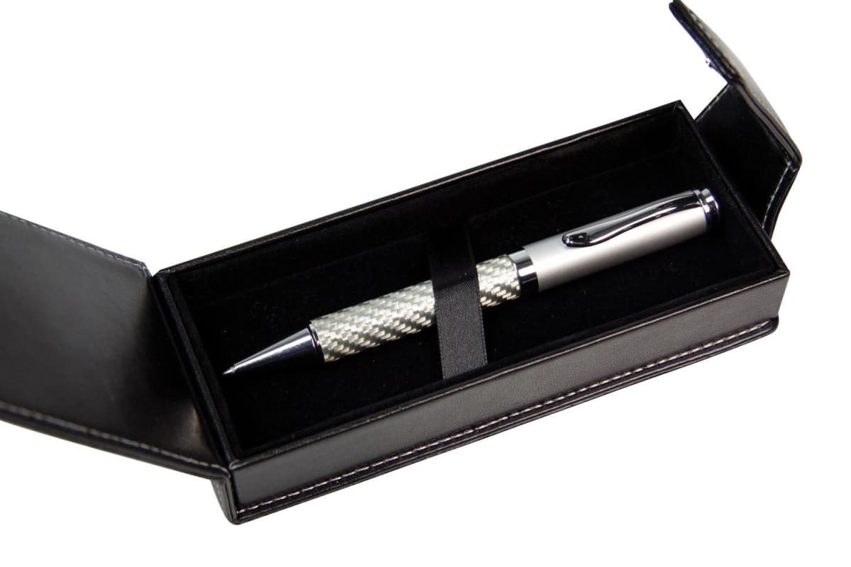Silver pen with textured grip in a black case, lid open.