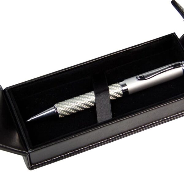 A silver pen in a black leather gift box with a magnetic closure.