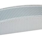A rectangular, silver, textured case with a curved top and stitched edges.