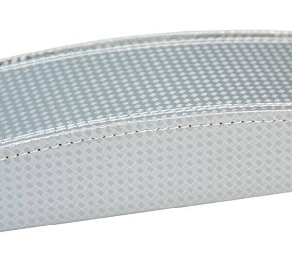 A silver, textured, rectangular box with a slightly curved top and stitched edges.