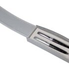 Two black and silver pens in an open textured silver gift box.