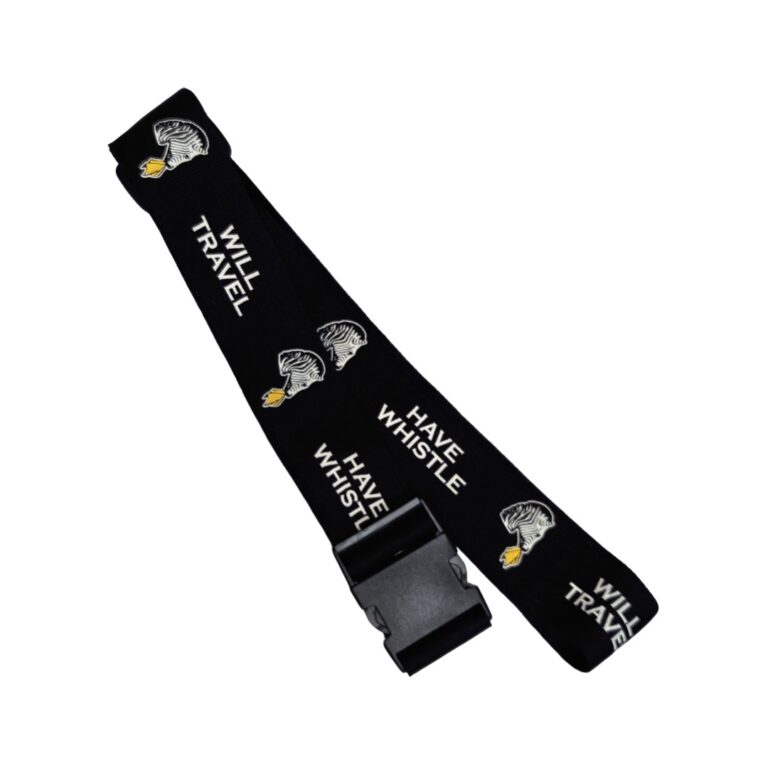 black lanyard with Have whistle, will travel logo 