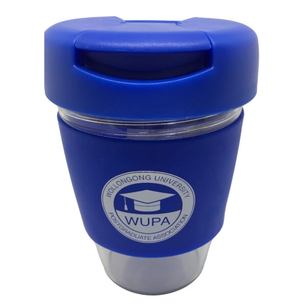blue cup with blue lid and WUPA logo printed in white