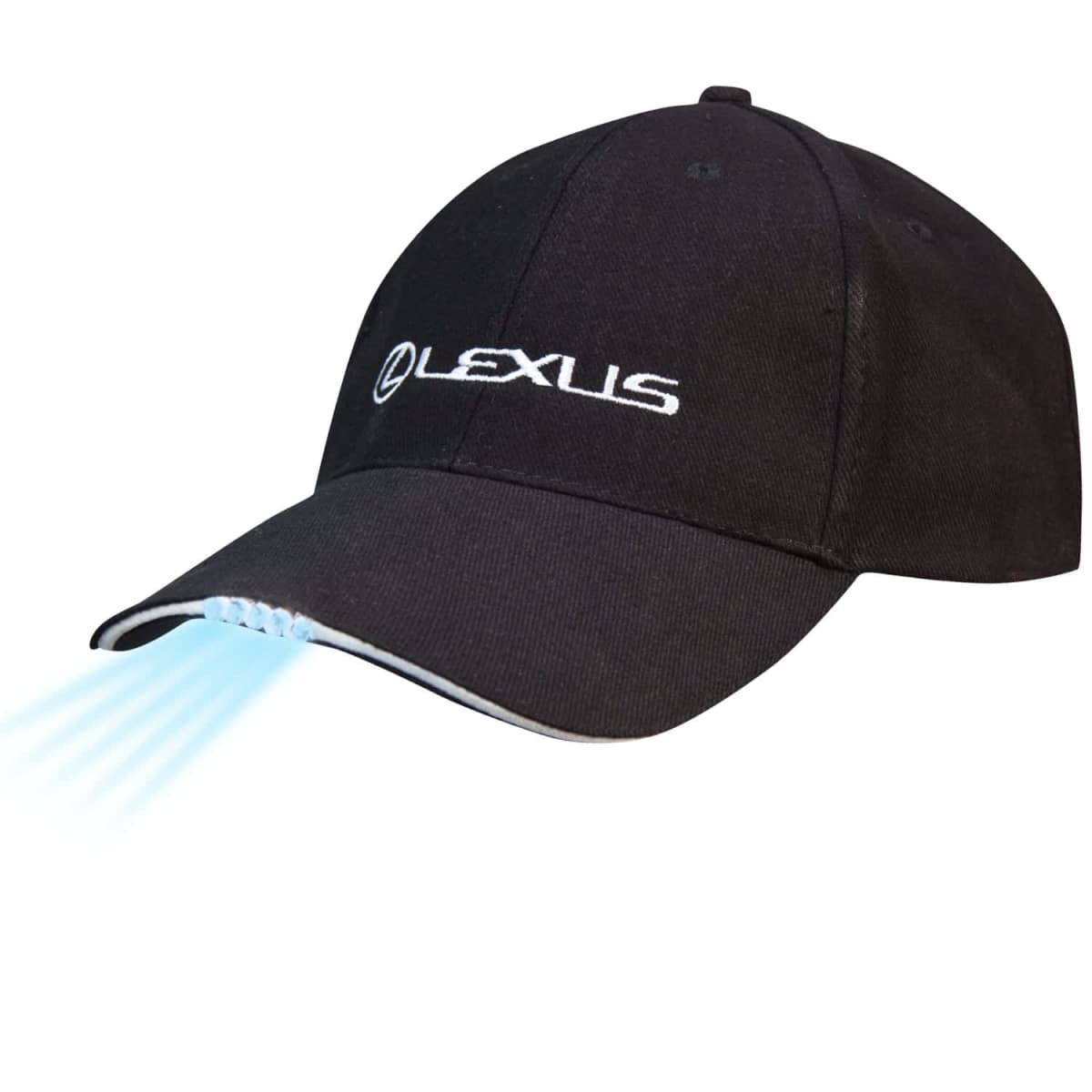 Black Lexus cap with built-in LED lights shining from the brim.