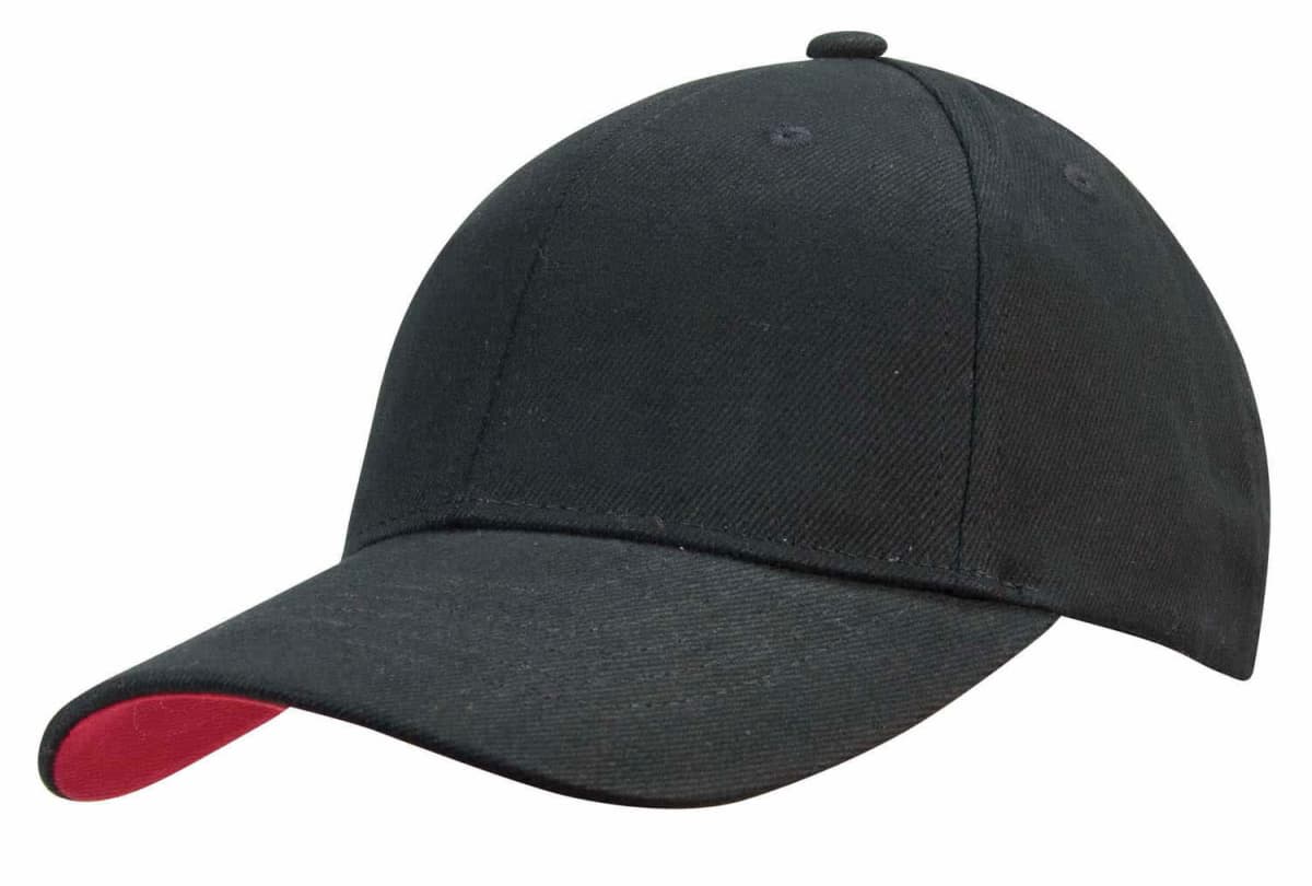 Black baseball cap with a red underside on the brim, shown against a white background.