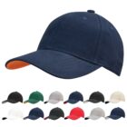 A navy blue baseball cap with an orange underside, shown with ten color options below.