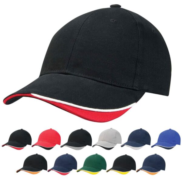 A variety of baseball caps in different colors, each with a contrasting trim on the brim.
