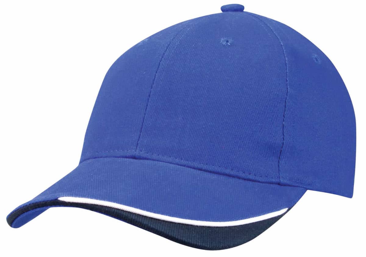 A blue baseball cap with a curved brim and a white stripe on the edge.