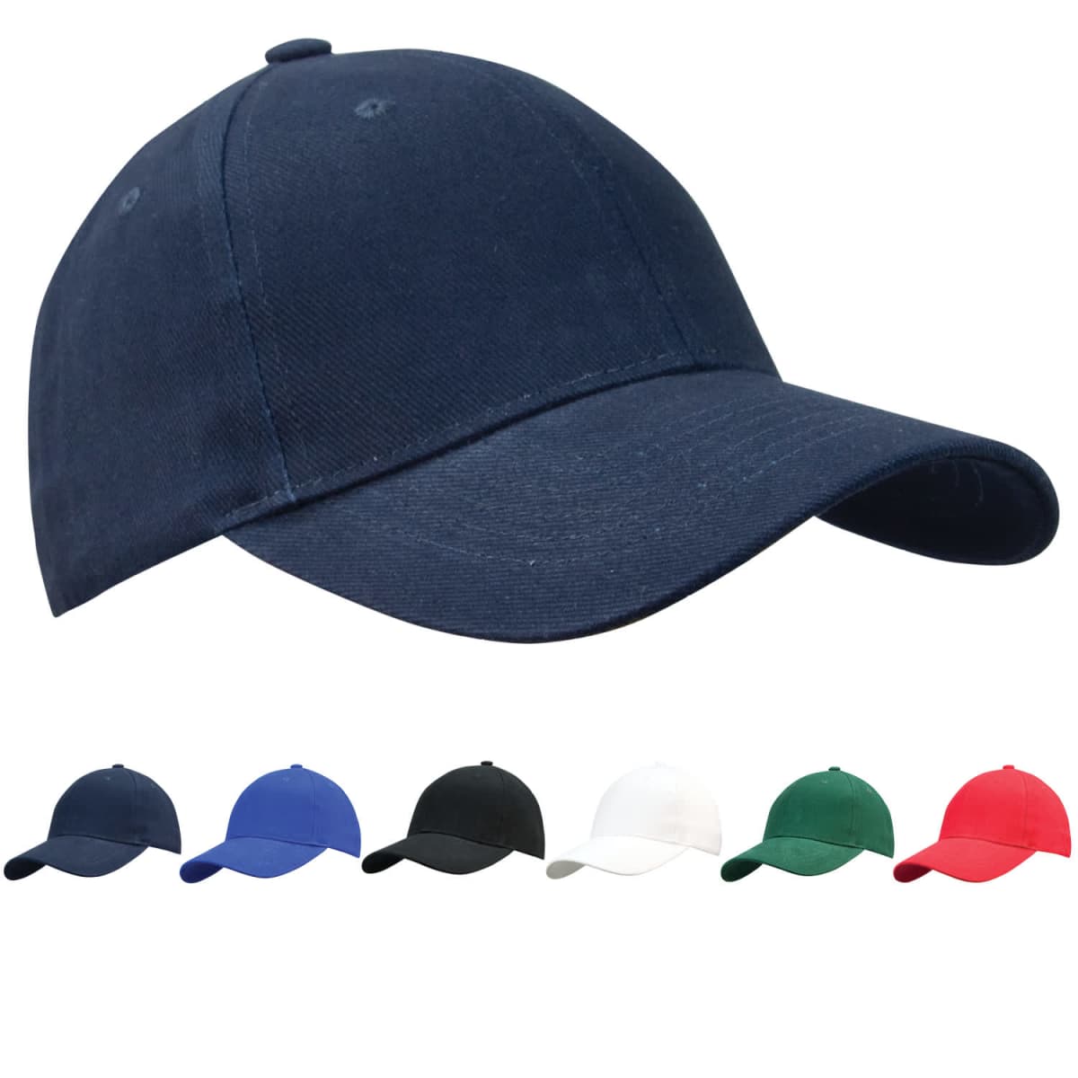 Six plain baseball caps in navy, blue, black, white, green, and red on a white background.