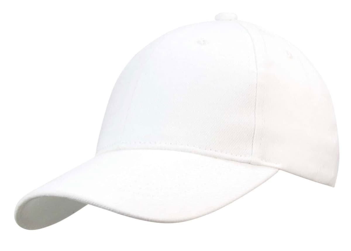 A plain white baseball cap on a white background.