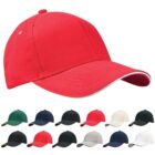A red baseball cap above ten other caps in various colors on a white background.