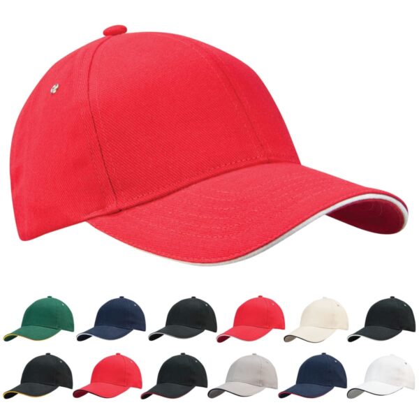 A red baseball cap above ten other caps in various colors on a white background.