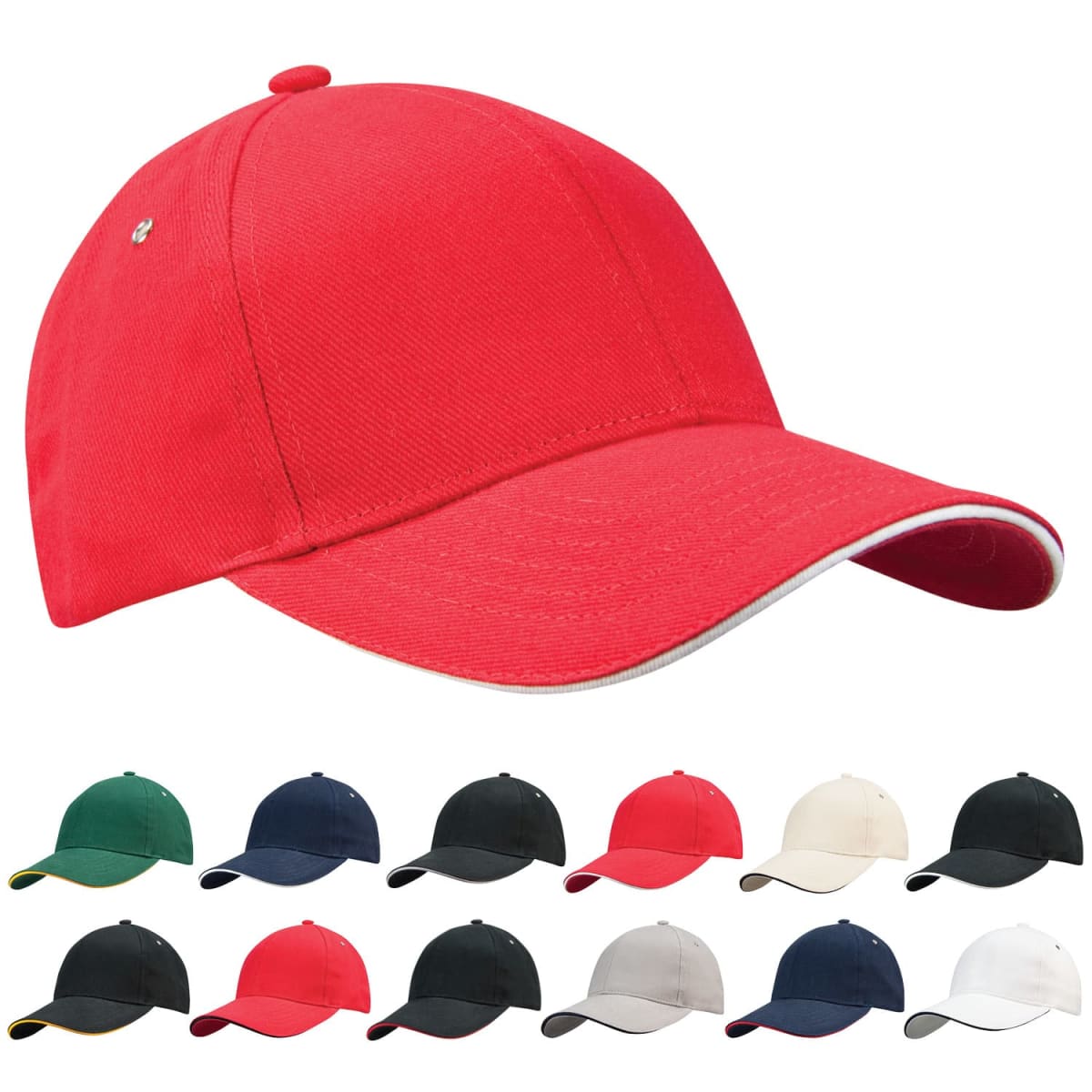 c1004 A red baseball cap above ten other caps in various colors on a white background.