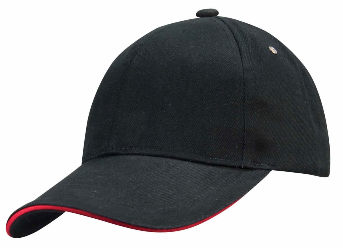 A black baseball cap with a curved brim and a red edge detail.