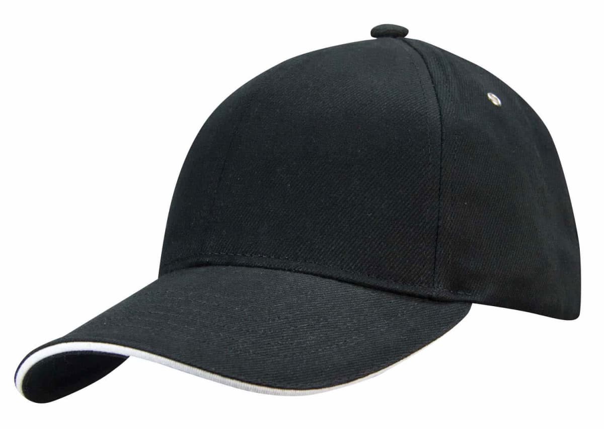 A plain black baseball cap with a curved brim and white trim on the edge.