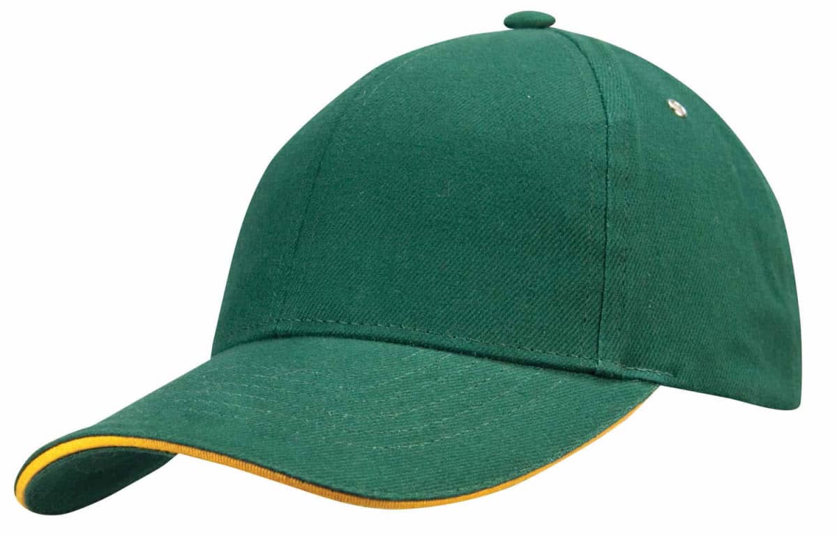 Green baseball cap with a yellow trim on the brim, viewed from an angle.