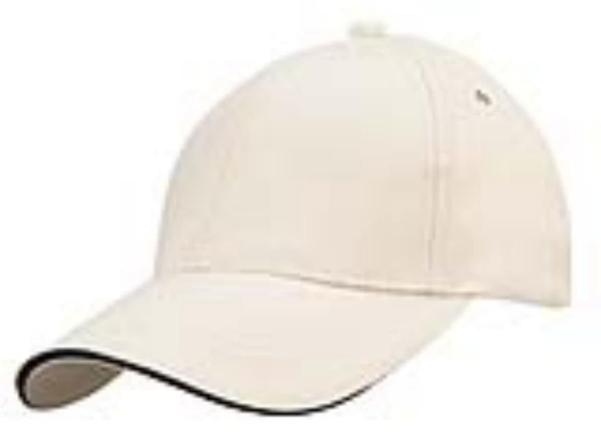 A plain beige baseball cap with a curved brim and black trim.