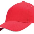 A plain red baseball cap with a curved brim and a button on top.